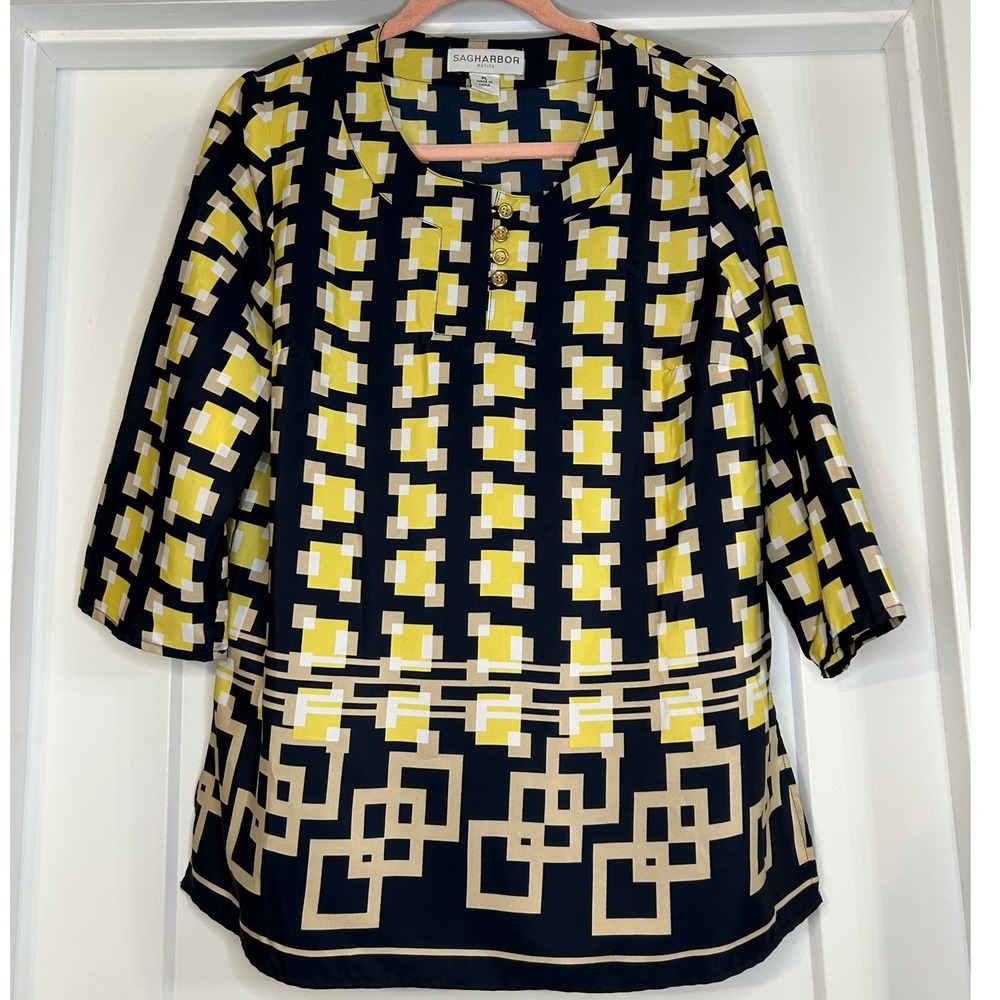 Sag Harbor Petite Women Geometric Top 3/4‎ Sleeve Vintage Dressy Navy Yellow